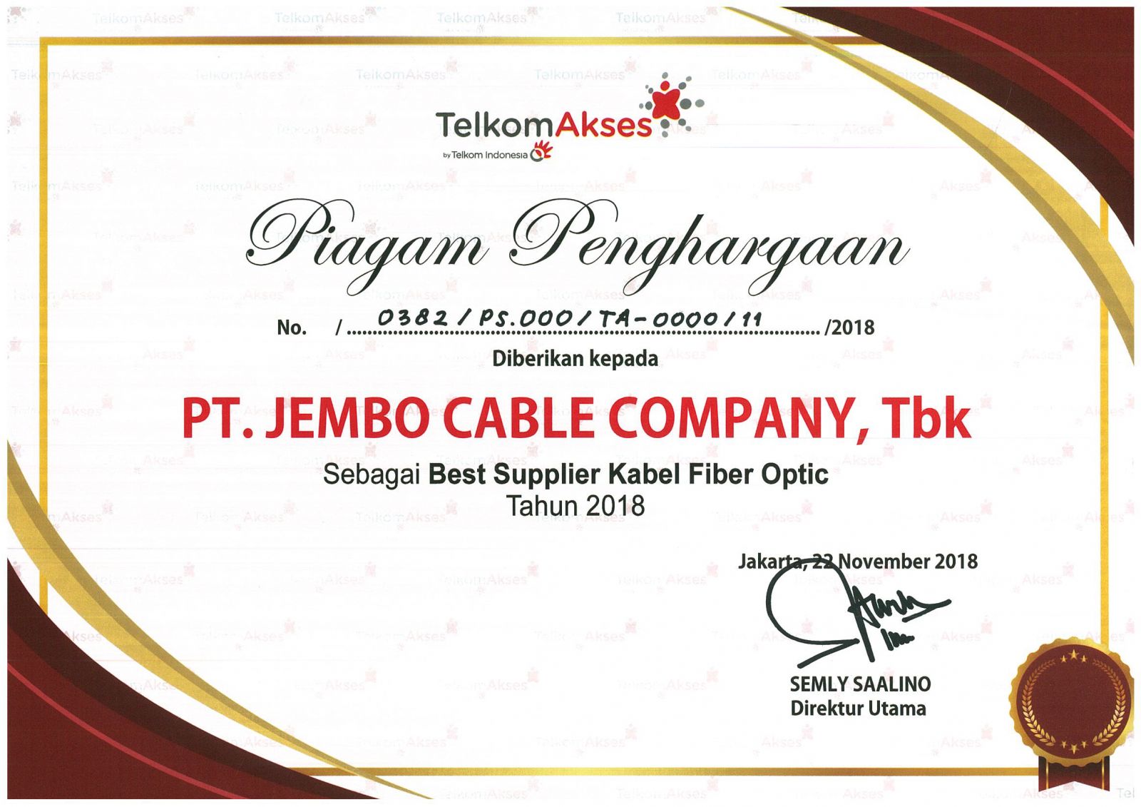PT Jembo Cable Raih Penghargaan Best Supplier Fibre Optic 2018 